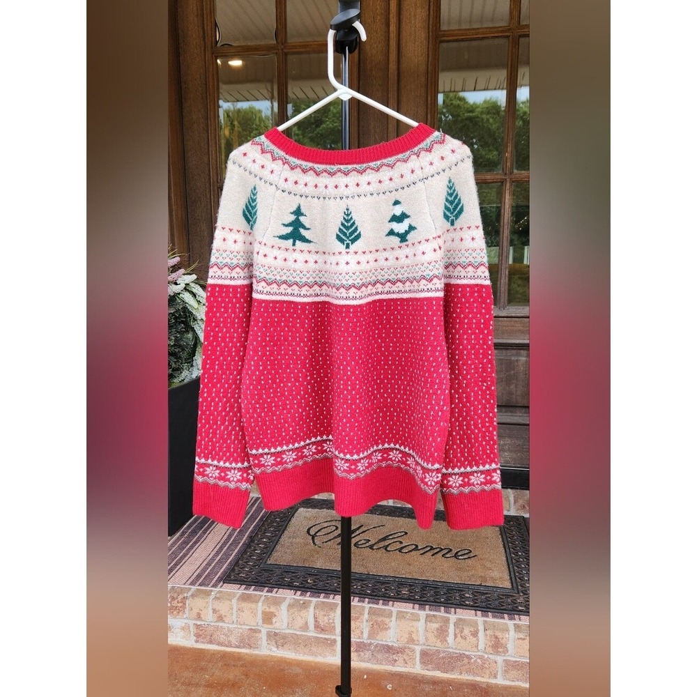 Holiday Time Women's Pretty Christmas Sweater NWT Red Tree Fair Isle - Sz 1X